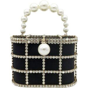 ❤️Women Synthetic Pearl Top Handle Women Metal Bucket Bag Crystal Evening Purses